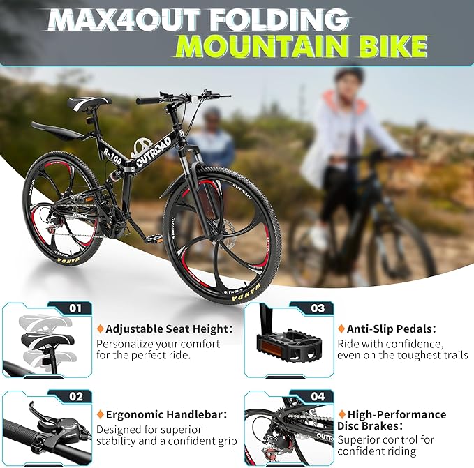 26 Inch Folding Mountain Bike, 21 Speed Full Suspension Bicycle with High-Carbon Steel, Dual Disc Brake Non-Slip Quick Release tire Folding Bicycle for Adults/Men/Women
