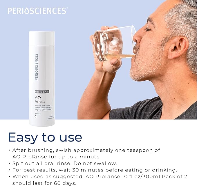 PerioSciences AO ProRinse White Care Whitening Mouthwash with Essential Oils and Antioxidants - Alcohol Free Mouthwash for Post-Whitening Enamel Protection, 10 fl oz/300ml Pack of 2