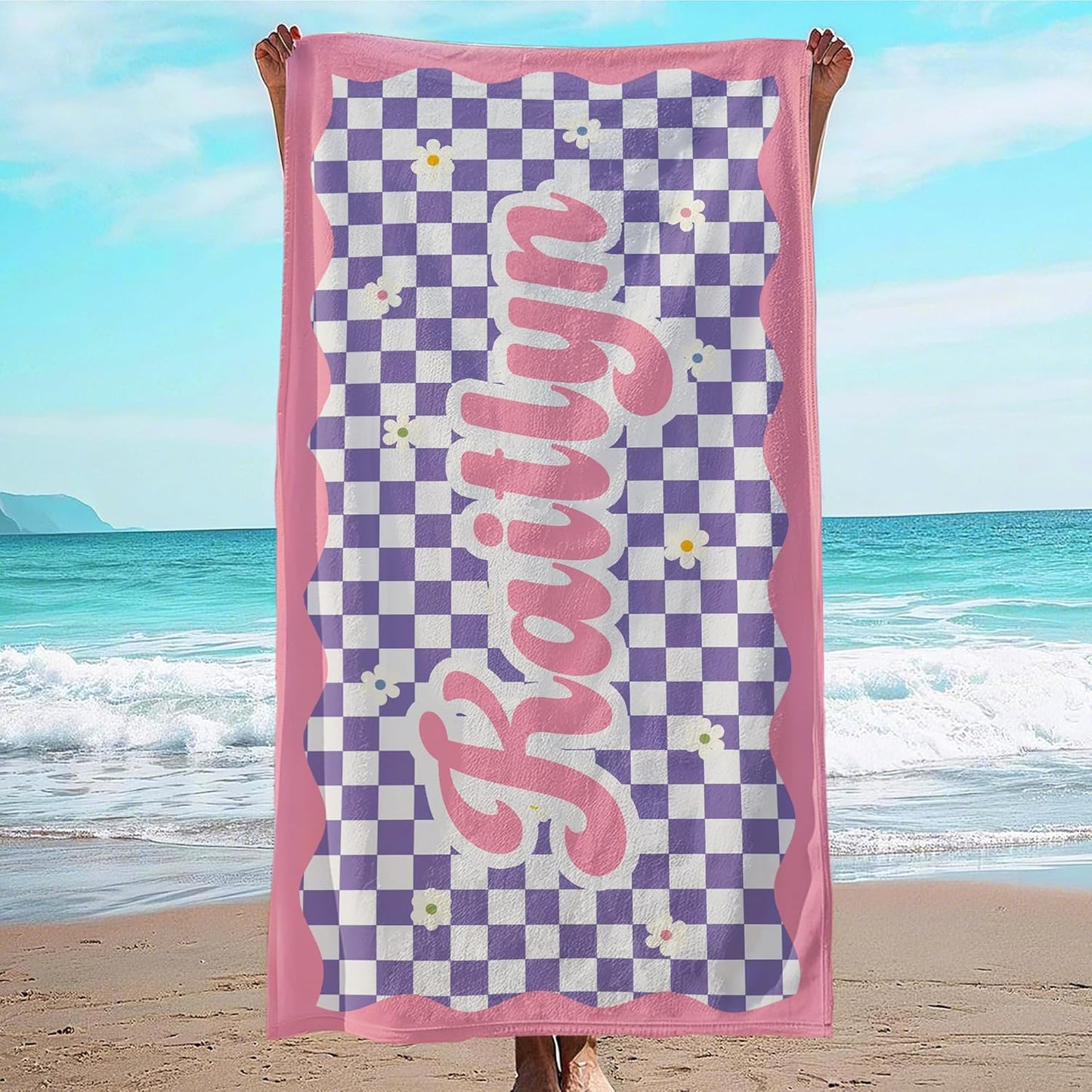 JML Personalized Beach Towel with Name, Custom Flower Beach Towel, Customized Microfiber Pool Towel, Quick Dry & Absorbent Swim Towel for Adult,Anniversary, Birthday, Summer Holiday,Vacation