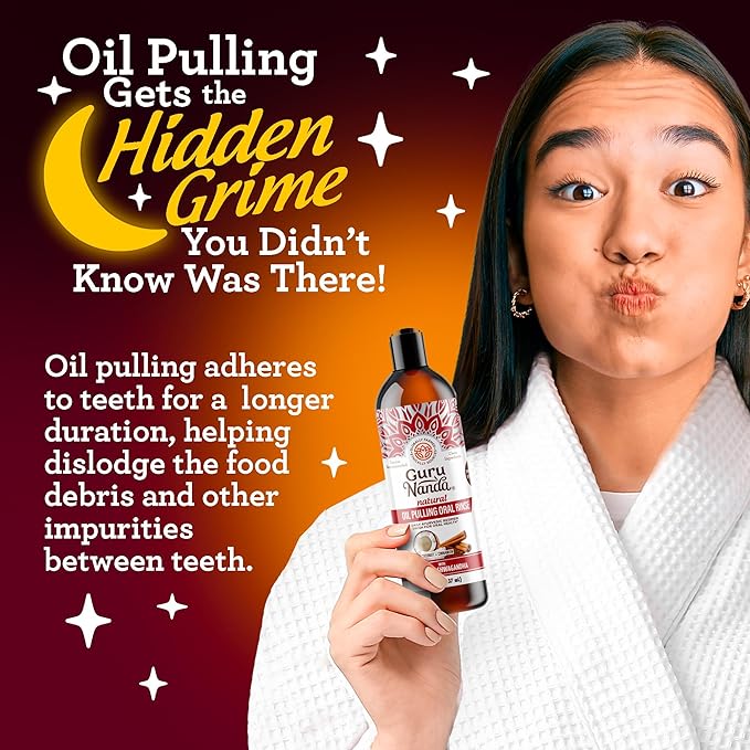 GuruNanda Cinnamon Oil Pulling Mouthwash, Promotes Calmness, with Neem & Ashwagandha for Fresh Breath & Happy Gums, Alcohol-Free, with Toothbrush & Tongue Scraper, 8 Oz