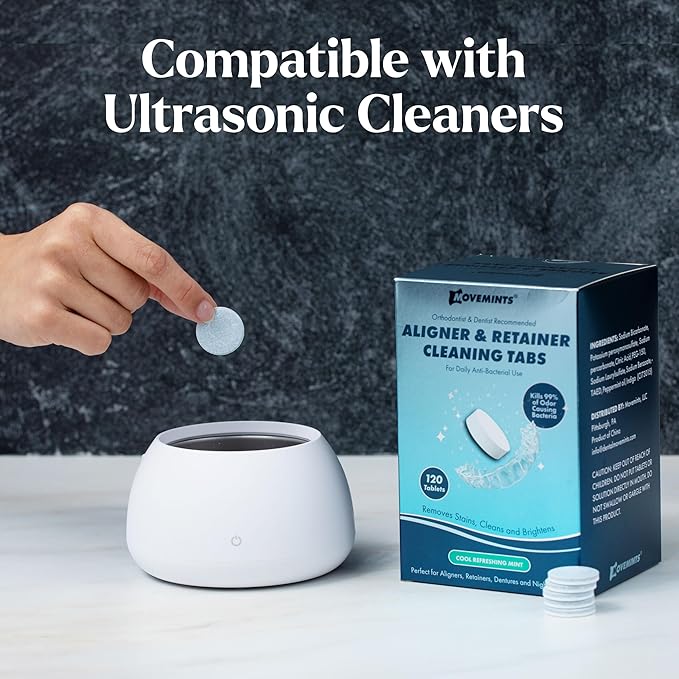 Movemints Cleaning Tablets for Aligners, Retainers, Dentures, Night Guard – Ultrasonic Compatible – Freshen Appliance and Remove Stains, Odors, and Plaque – Mint, 120 Count