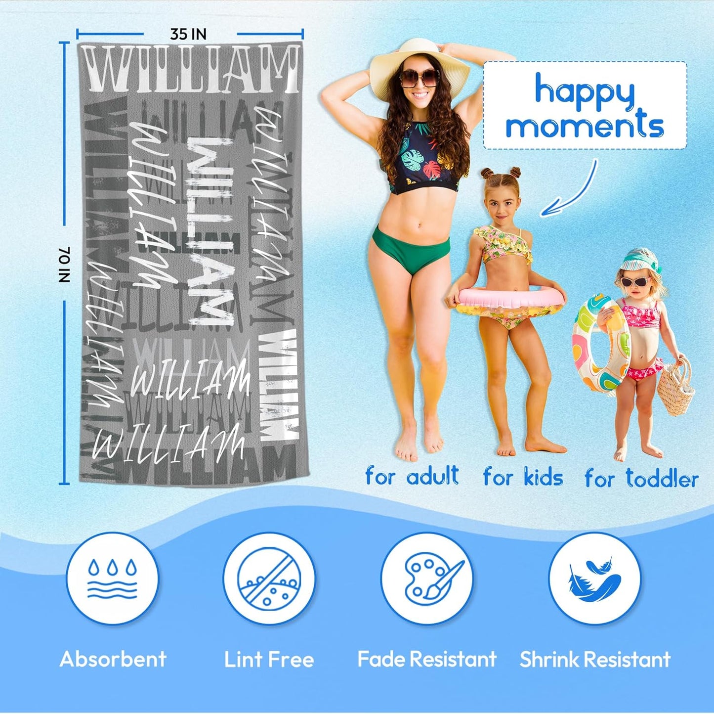 JML Personalized Beach Towel with Name, Custom Beach Towel with Name, Customized Microfiber Pool Towel, Quick Dry & Absorbent Swim Towel for Adult,Anniversary, Birthday, Summer Holiday,Vacation