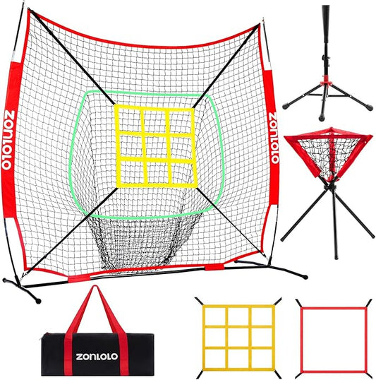 6x6ft Portable Baseball & Softball Net for Hitting，Pitching and Throwing, with Sturdy Bow Frame,Battting Tee,Ball Caddy and 2 Strike Zones, Perfect Pitching net for Kids!