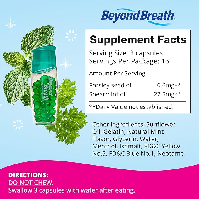 Breath Freshening Capsules, Fresher Breath From Inside-Out, Even Works On Bad Breath From Garlic, Lasts Up To 8 Hours, 50 Capsules