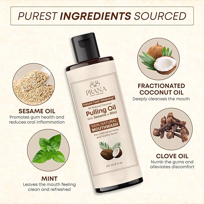 PRANA Coconut Pulling Oil Mouthwash with Tongue Scraper- Ayurvedic Oils for Clean Rinse with Coconut Oil & Clove & improving Teeth & Gum Health - Teeth Pulling Oil Keeps Your Mouth Refreshed- 237ml