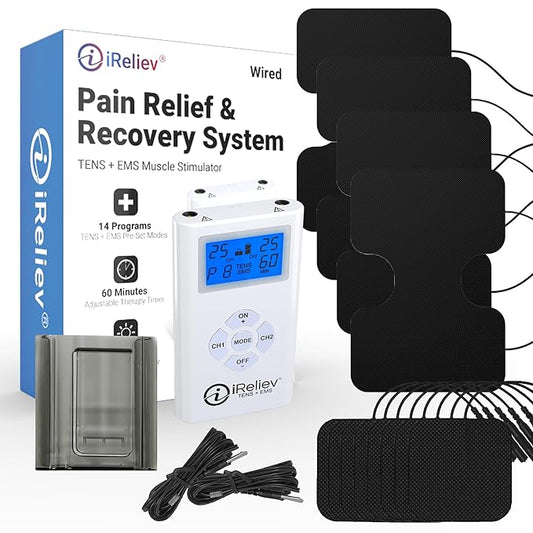 iReliev TENS + EMS Combination Unit Muscle Stimulator for Pain Relief, Arthritis, Muscle Strength - Treats Tired, Sore Muscles in Your Shoulders, Back, Ab's, Legs, Knee's, More