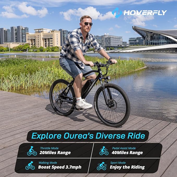 HOVERFLY OUREA 26" Electric Bike for Adults, 750W Peak Motor Mountain Ebike, 20MPH Up to 40 Miles, UL2849 Certified, 7-Speed, Removable Battery, Shock Absorber, Fat Tire Commuter E-Bike