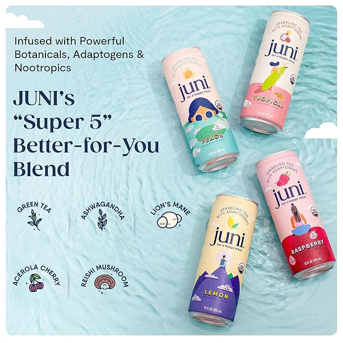 Juni Sparkling Adaptogen Drink with Ashwagandha, Lion’s Mane & Reishi Mushrooms | Green Tea for Focus, Zero Sugar, 5 Calories, Organic | Non Alcoholic Drinks - Lemon 12 pack