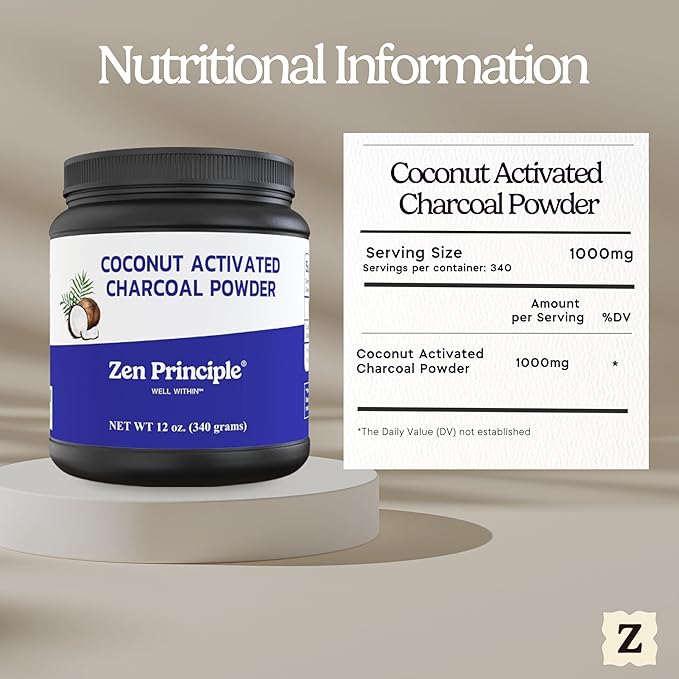 Zen Principle Coconut Activated Charcoal Powder. Whitens Teeth, Rejuvenates Skin and Hair, Supports Better Digestion. USA-Owned Producers, Free Scoop, 12 Oz