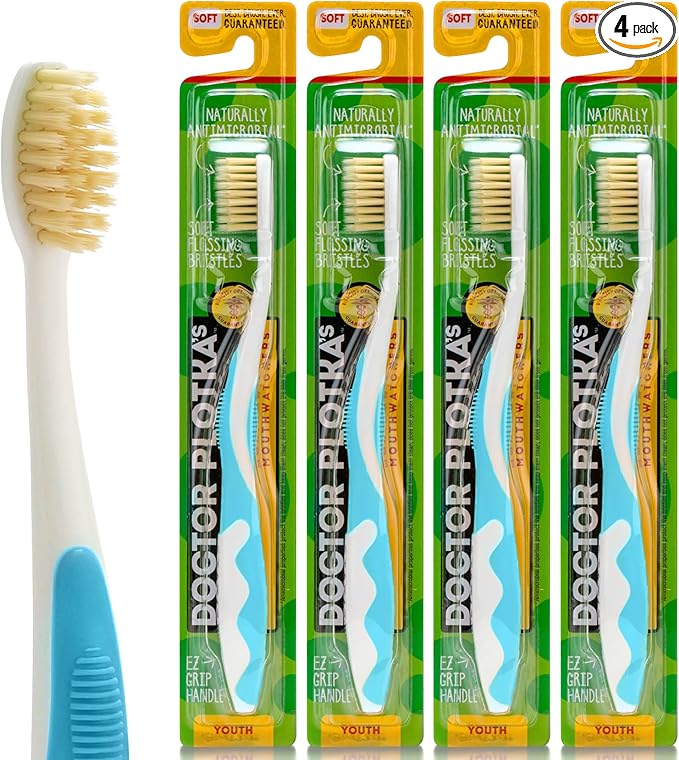 MOUTHWATCHERS Soft Childrens Flossing Manual Toothbrush, Value Pack of 4, Blue, Toothbrushes for Kids & Teens, Ultra Clean, by Dr. Plotka's