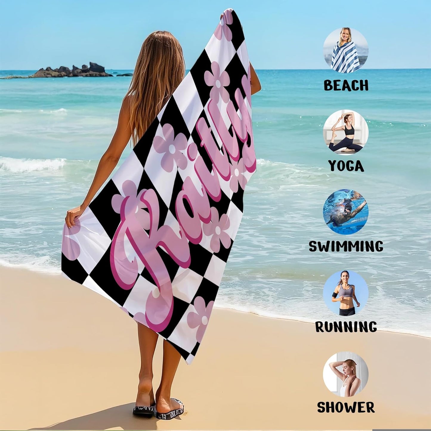 JML Personalized Beach Towel with Name, Custom Flower Beach Towel, Customized Microfiber Pool Towel, Quick Dry & Absorbent Swim Towel for Adult,Mother's Day, Birthday, Summer Holiday,Vacation