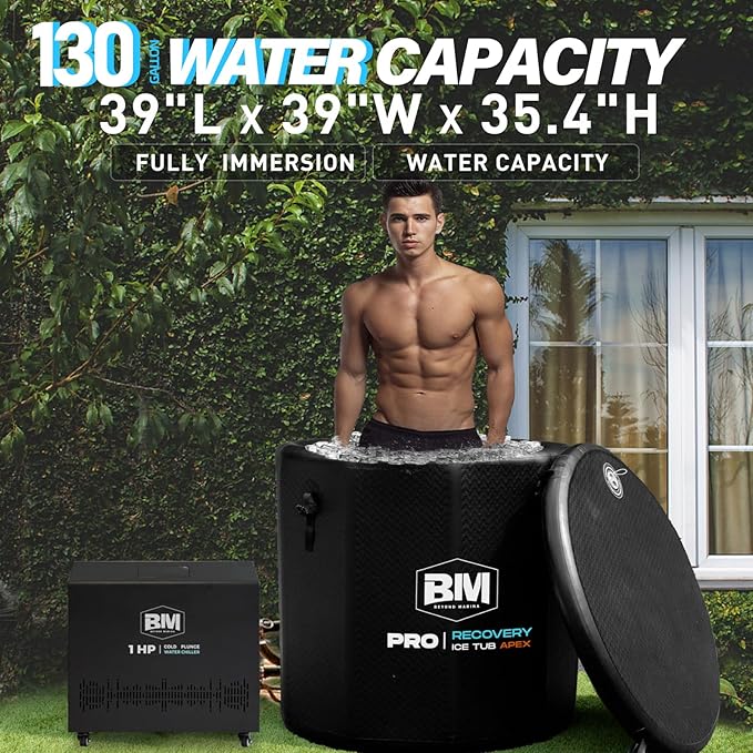 Inflatable Cold Plunge Tub with Chiller, 1 HP Water Chiller for Ice Bath Tub, Hot & Cold Mode Machine with Ozone, Smart WiFi, Dual Filters, Fast Cooling, 130 Gallon, 39" L x 39" W x 35.4" H
