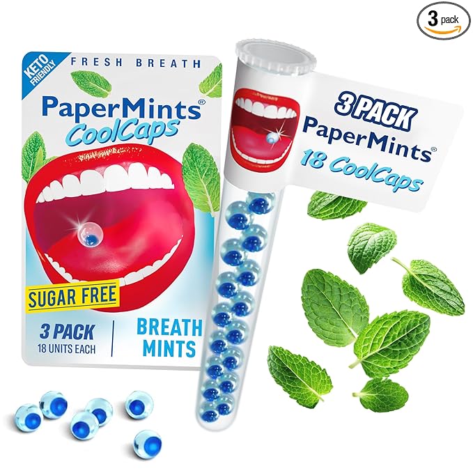 PaperMints CoolCaps - Instant Fresh Breath Mints Sugar-Free, 3 x Tubes of 18 capsules. Extreme Bad Breath Treatment for Adults