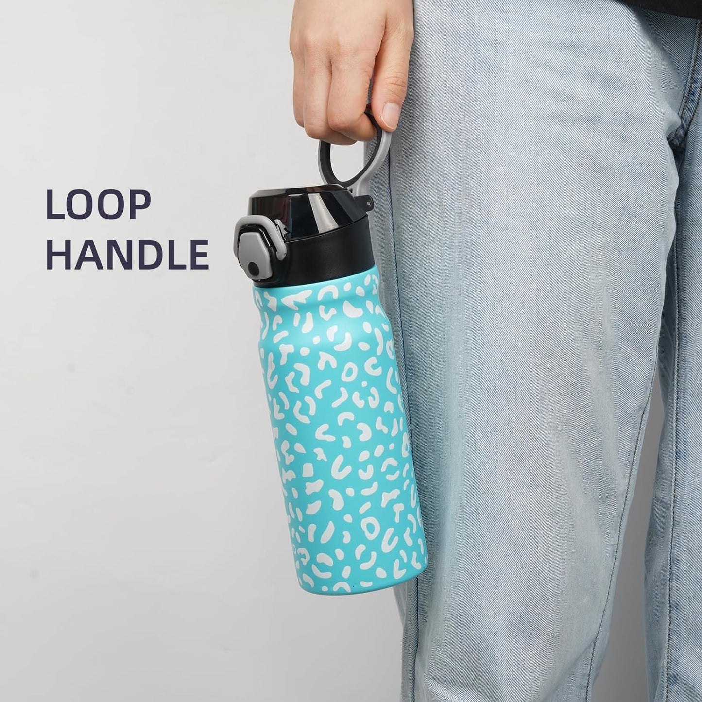 Insulated Water Bottle with Straw and Carry Loop,18 oz Stainless Steel Double Wall Vaccum Metal Water Flask with Leak-proof Lid,Blue Leopard