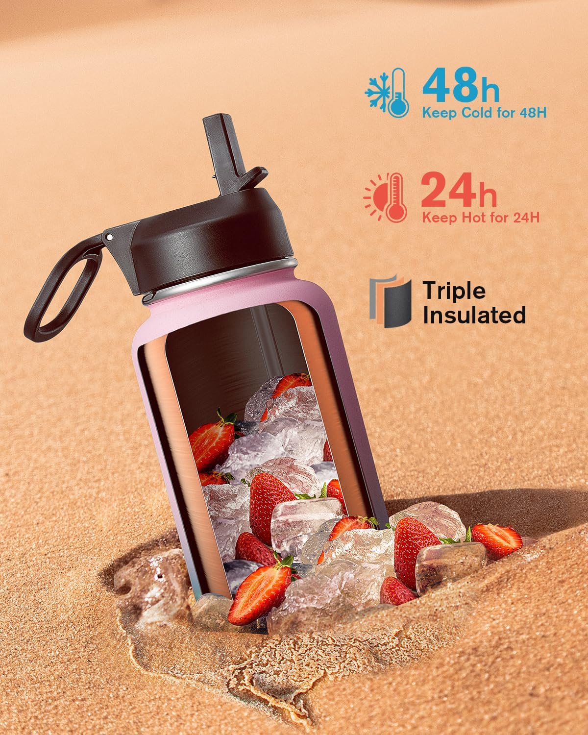 32 oz Insulated Water Bottle with Straw&3 Lids, Coolflask Stainless Steel Metal Flask Wide Mouth for Sports or Office, Non-BPA Keep Cold Up to 48 Hrs or Hot Up to 24 Hrs, Bubblegum Princess