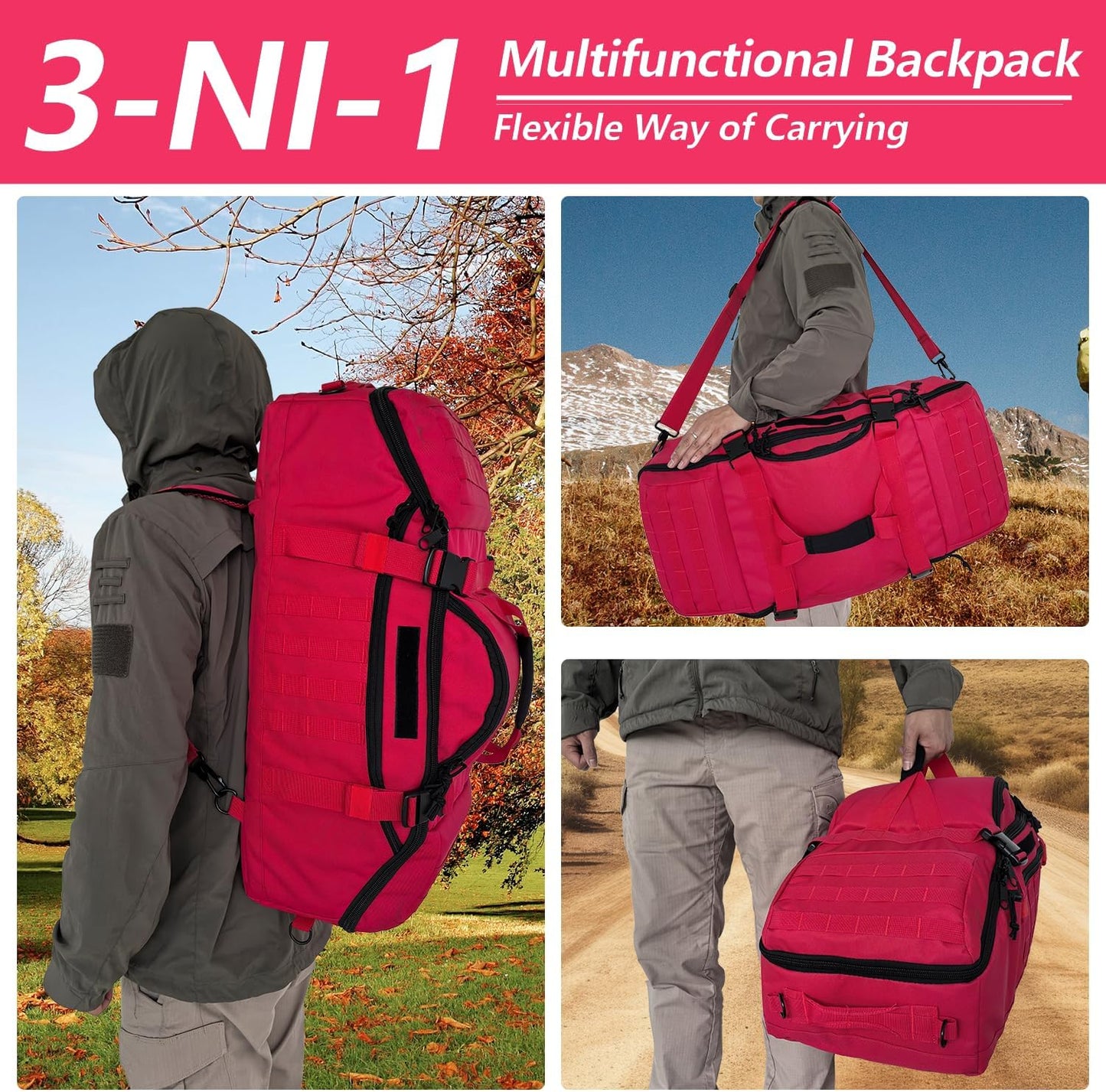 65L Large Duffle Bag, 3-in-1 Tactical Backpack MOLLE Pack for Sports, Gym, Outdoor, Red