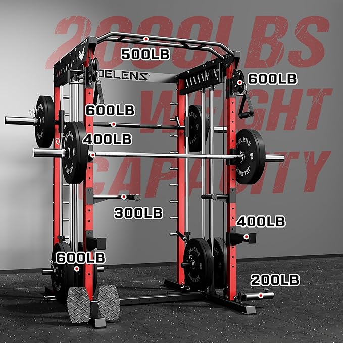 M21 Smith Machine, Multi-Function Power Cage with Dual Pulley Cable Crossover System, 2000LBS All-in-One Squat Rack with Smith Bar and Attachments