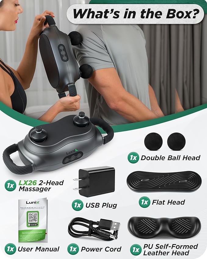 Lunix LX26 2-Head Professional Deep Tissue Massage Gun, Chiropractic Massager, Body Sport Vibrating Back Massager Machine for Pain Relief