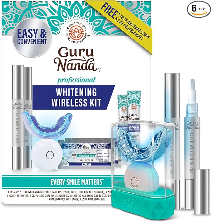 GuruNanda Professional Teeth Whitening Wireless Kit with LED Light & Whitening Pen, Helps Remove Surface Stains from Coffee, Food, Soda, 40 Treatments