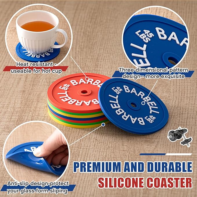 8 Pcs Barbell Bumper Plate Cool Coasters Round Silicone Coasters Weight Plate Coaster with Rack Holder for Gym Lovers Gym Accessories(Colorful)