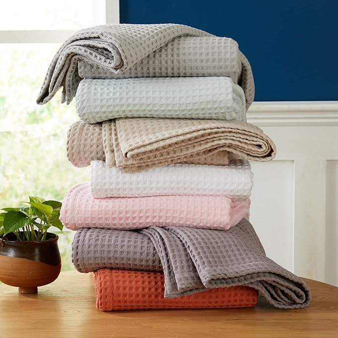 100% Cotton Waffle Weave Bed Blanket | Soft, Breathable, and Lightweight Blanket for All-Season | Perfect for Layering | Brielle Collection (Full/Queen, ICY Blue)