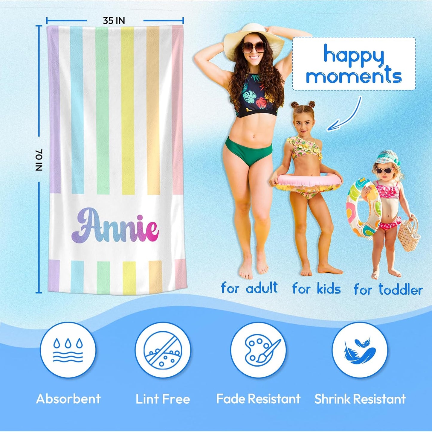 JML Personalized Beach Towel with Name, Custom Rainbow Cabana Stripe Beach Towel, Customized Microfiber Pool Towel, Quick Dry & Absorbent Swim Towel for Adult,Anniversary, Birthday, Summer Holiday