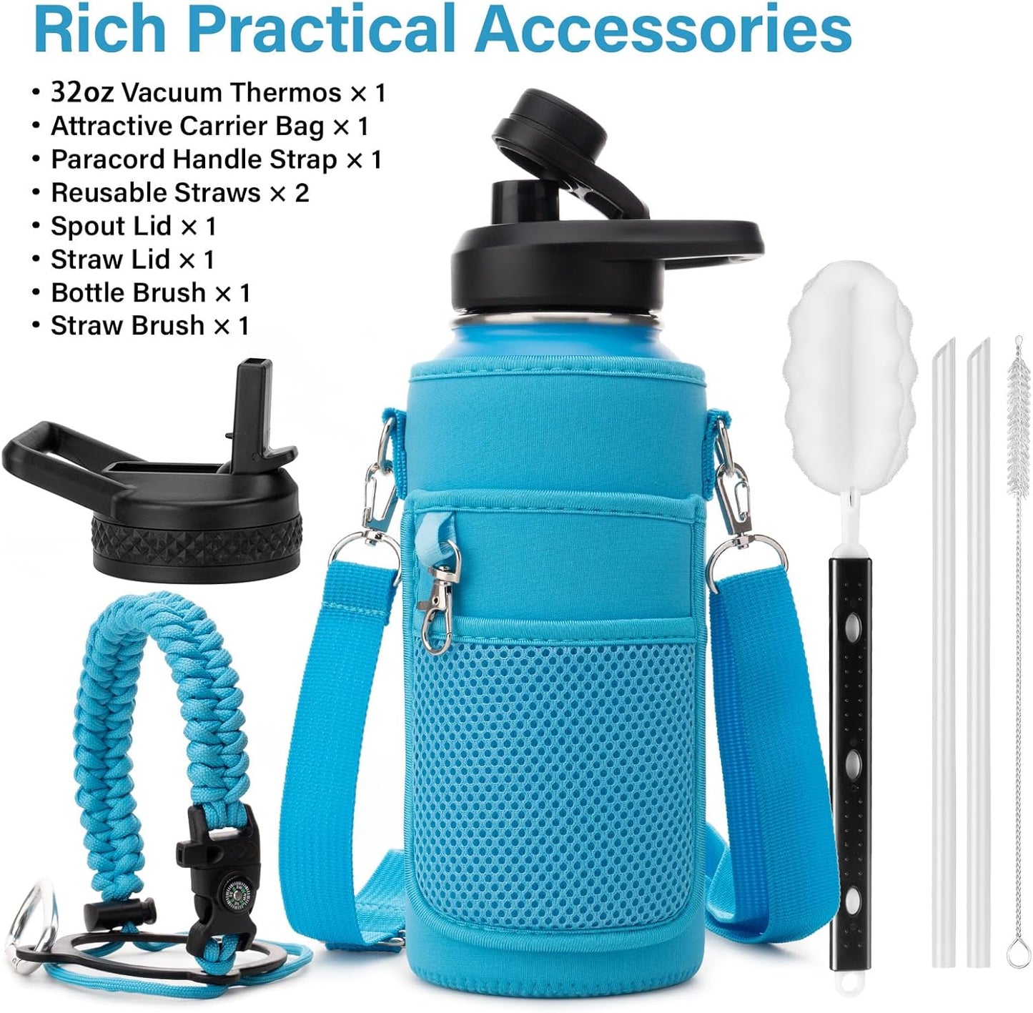 Insulated Water Bottle | Thickened Stainless Steel Vacuum Metal | Portable Sports Water Jug for Gym and Hiking with Straw, Carrier Bag, Handle Strap | BPA-Free 32 oz