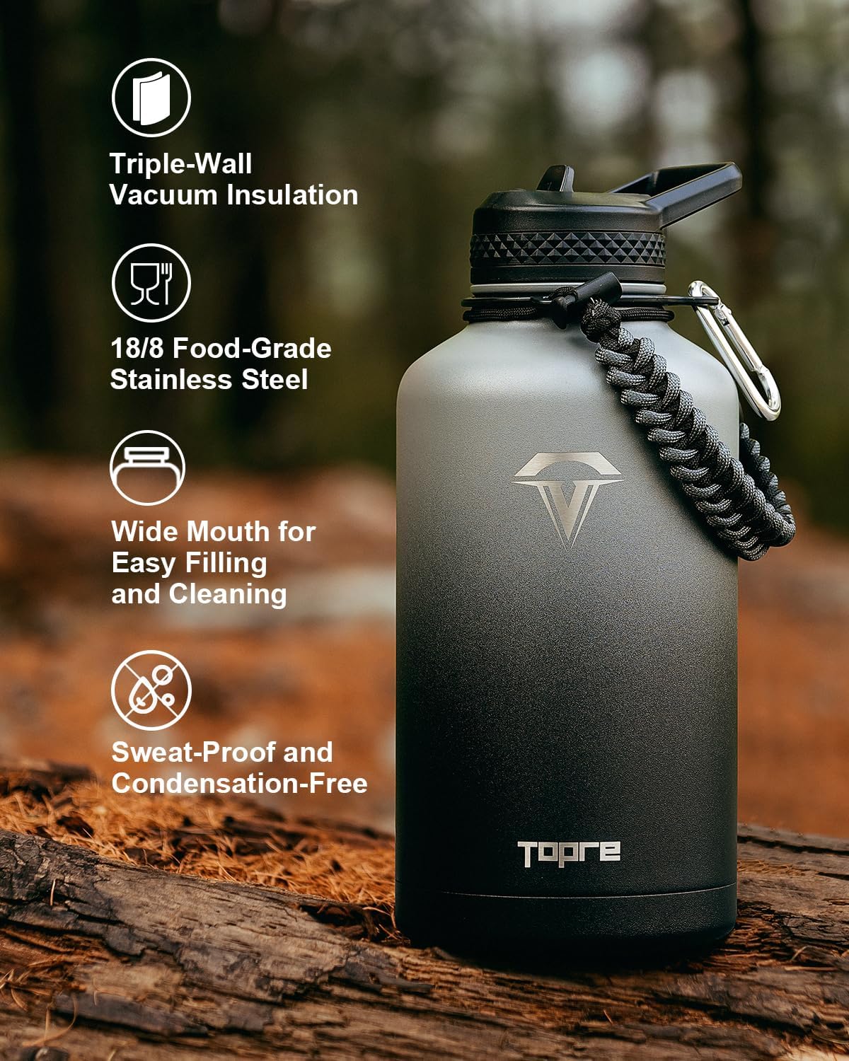 64 oz Insulated Water Bottle,Half Gallon Water Flask Stainless Steel Vacuum, Cold for 48 Hrs,BPA-Free & Leakproof -with Paracord Handle, Strap,Straw Spout Lids,Large Jug for Gym,Grey