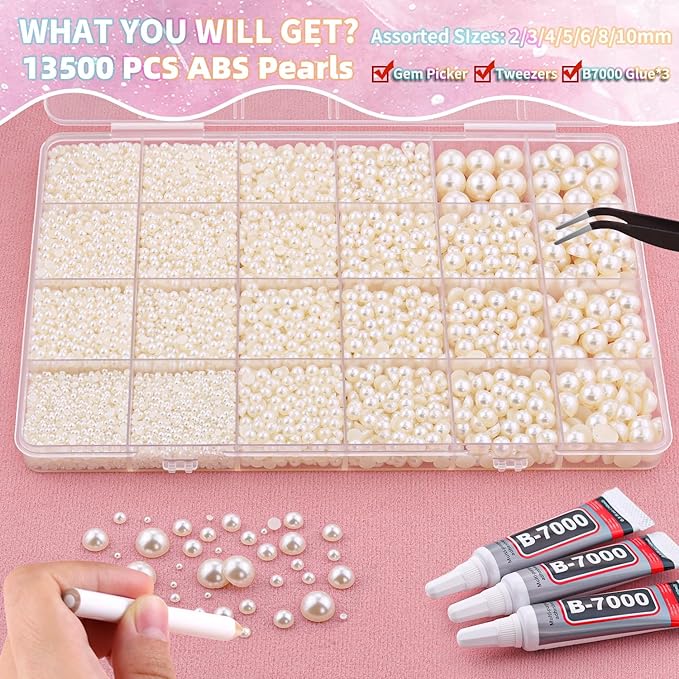 13500Pcs Flatback Pearls for Bedazzling (Beige) with 3Pcs B7000 Jewelry Glue, Assorted Size 2/3/4/5/6/8/10mm Half Pearl, Bedazzling Gems for Crafting Clothing Tumbler Shoes Embellishment Nail Art