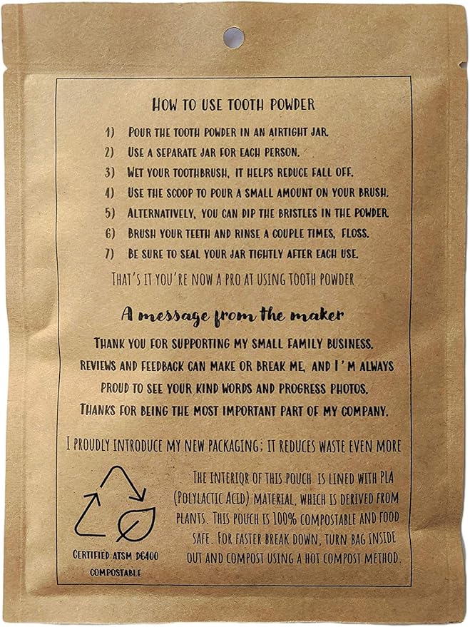 Zero Waste up to 6 Month Supply Organic Vegan Fluoride Free Tooth Powder Peppermint Flavor- Ships Without Any Plastic Packaging I Natural Whitening I Stronger Teeth