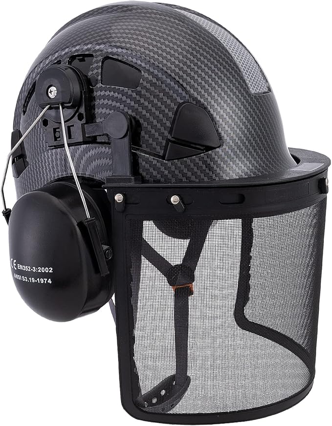 LOHASPRO Forestry Safety Helmet Chainsaw Helmet with Mesh Face Shield and Ear Muffs for Tree Logging Cutting Wood Arborist Helmet (Black Graphite Pattern with Mesh Face Shield+Earmuff)