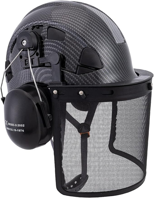 LOHASPRO Forestry Safety Helmet Chainsaw Helmet with Mesh Face Shield and Ear Muffs for Tree Logging Cutting Wood Arborist Helmet (Black Graphite Pattern with Mesh Face Shield+Earmuff)