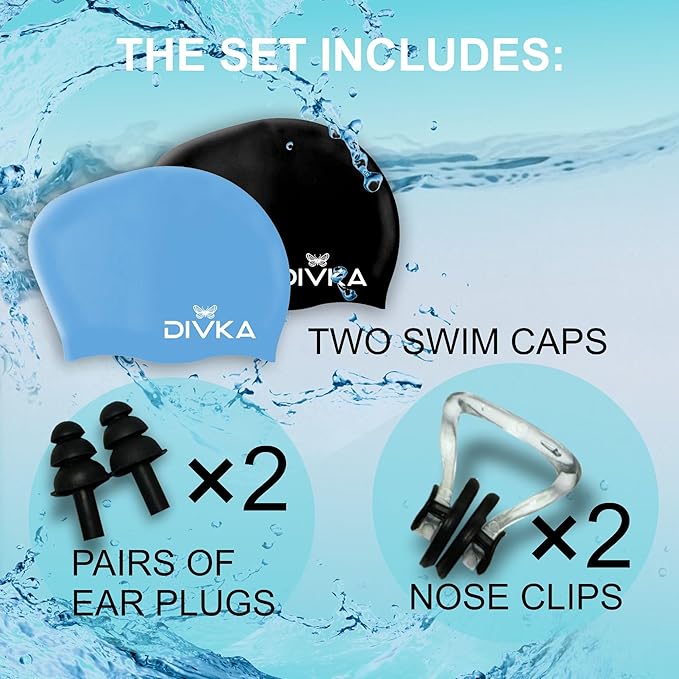 2-Pack Premium Quality Silicone Swim Caps for Women, Men, Teens & Adults – Medium Size – Stretchable & Durable, Includes Ear Plugs & Nose Clip, Extra Room for Long Hair, Non-Slip & Waterproof