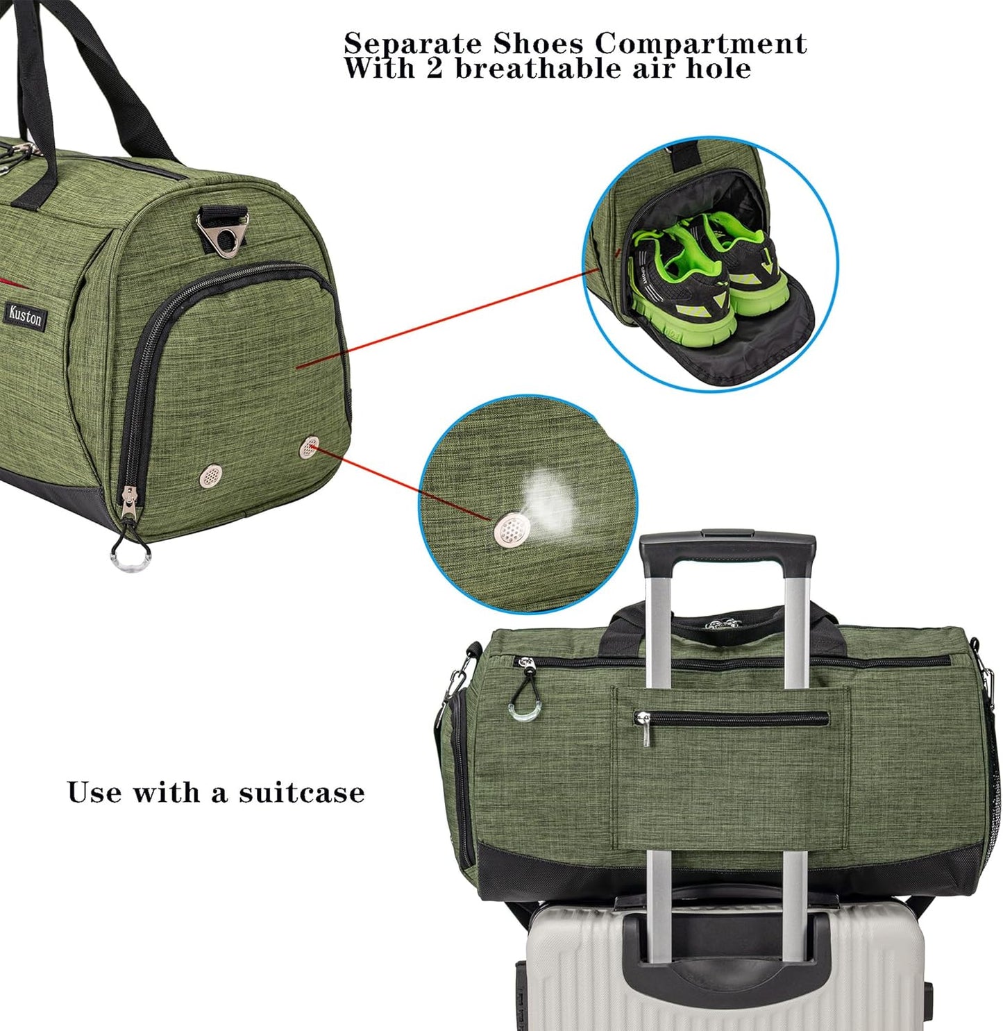 Kuston Sports Gym Bag with Shoes Compartment, Trolley Sleeve and Wet Pocket Gym Duffel Bag Overnight Bag-Upgraded