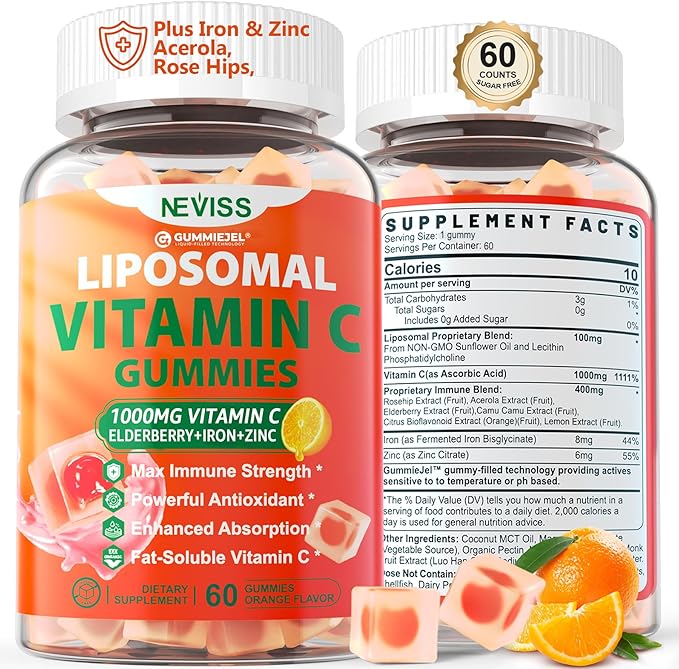 Liposomal Vitamin C 1000mg Gummies for Adults - Vitamin C Chewable 1500mg with 8mg Iron, Zinc & Elderberry - Immune Support, Immune Booster Supplement - for Energy, Collagen Booster, 1Pack Sugar Free