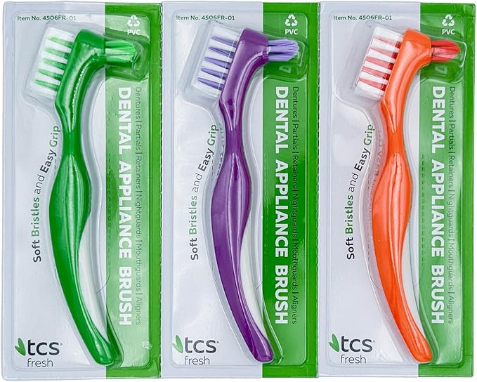 TCS Fresh Soft Bristle Denture Brush with Handle, Ergonomic Toothbrush for Cleaning Dental Appliances (3 Pack)