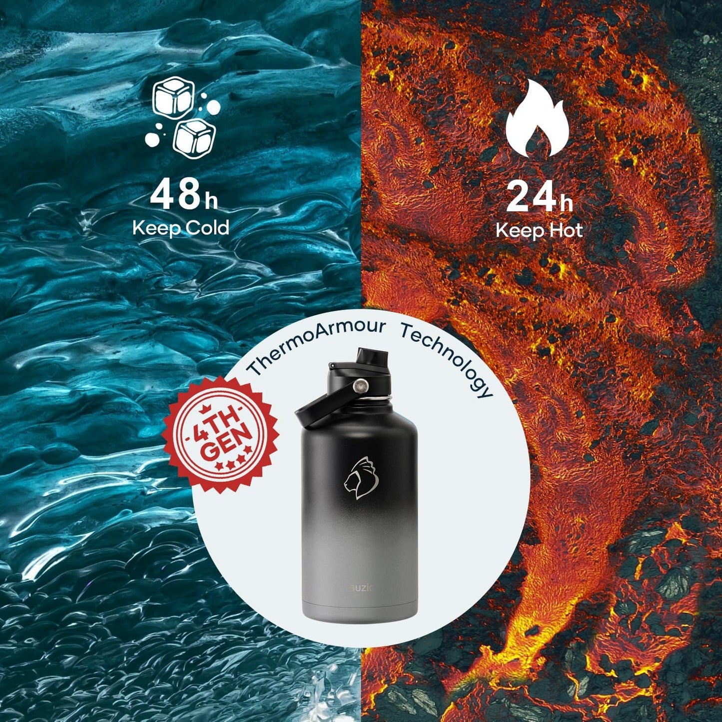 Insulated Water Bottle 64 oz with Straw Lid and Flex Lid, BUZIO 64oz Stainless Steel Water Bottle Half Gallon Jug Flask, Double Wall Vacuum Sports Thermo Mug, Cold Hot Hydro Metal Canteen