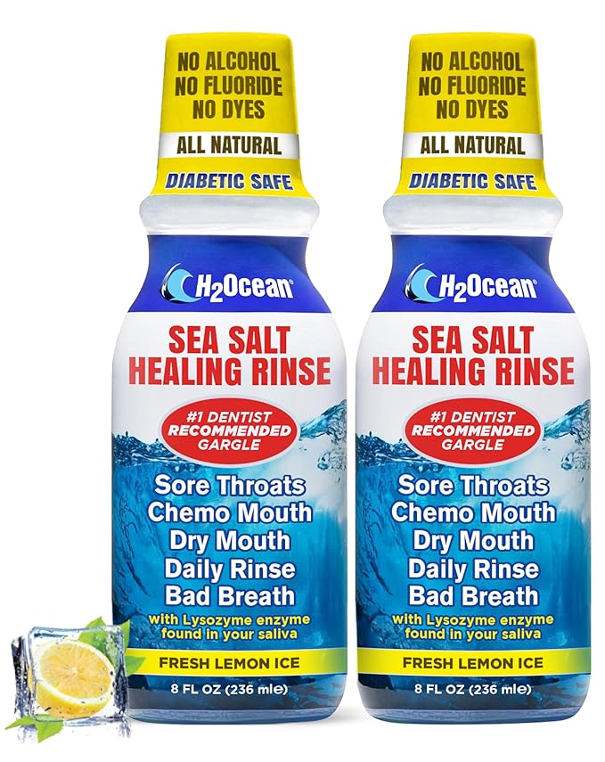 H2Ocean Healing Rinse Natural Sea Salt Oral Care - Mouth Rinse for Oral Care - Great for Piercings, Sore Throats & Gum Health - Alcohol- & Fluoride-Free Mouthwash - Lemon Ice, 8 oz (Pack of 2)