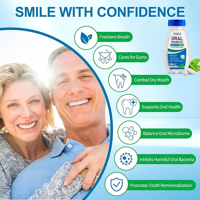 Oral Health Probiotics for Mouth Bad Breath - 8 Billion CFU 6 Strains with Prebiotics & Ca, Dental Probiotics for Teeth and Gums, Fresh Breath, 90 Mouth Probiotic Lozenges for Adults (Mint)