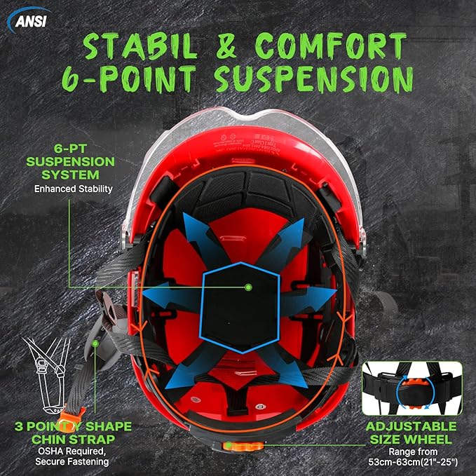 AOLAMEGS Hard Hats Construction OSHA Approved - ANSI Z89.1 Red Safety Hardhats, High Impact ABS Hardhat, Adjustable Vented Construction Worker Hat with Clear Visor, Cascos de Construccion