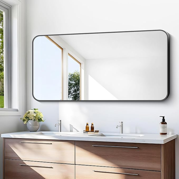 24x48 inch Bathroom Mirror,Black Rectangle Mirror,Wall Mounted Bathroom Frame Vanity Mirror with Round Corner for Bedroom Living Room, Entryway Hangs Horizontal or Vertical