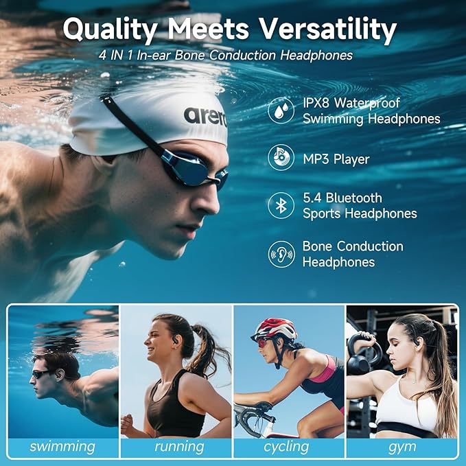 LOBKIN Waterproof Earbuds for Swimming, Bone Conduction Headphones IPX8 Swimming Headphones 8GB Memory Bluetooth 5.4 Wireless 8H Playtime in Ear Underwater Sport Earphones for Swimming, Running