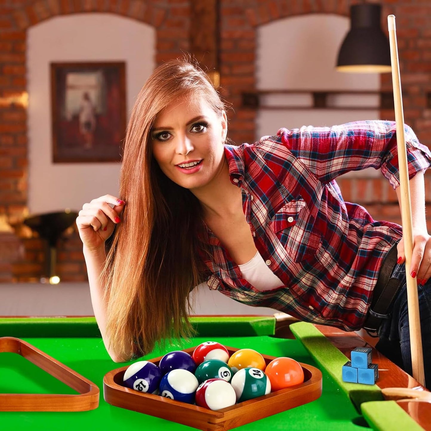 31 Pcs Billiard Accessory Kit Billiard Pool Table Balls with Triangle and Diamond Ball Holder Cue Chalks Pool Table Brush Set