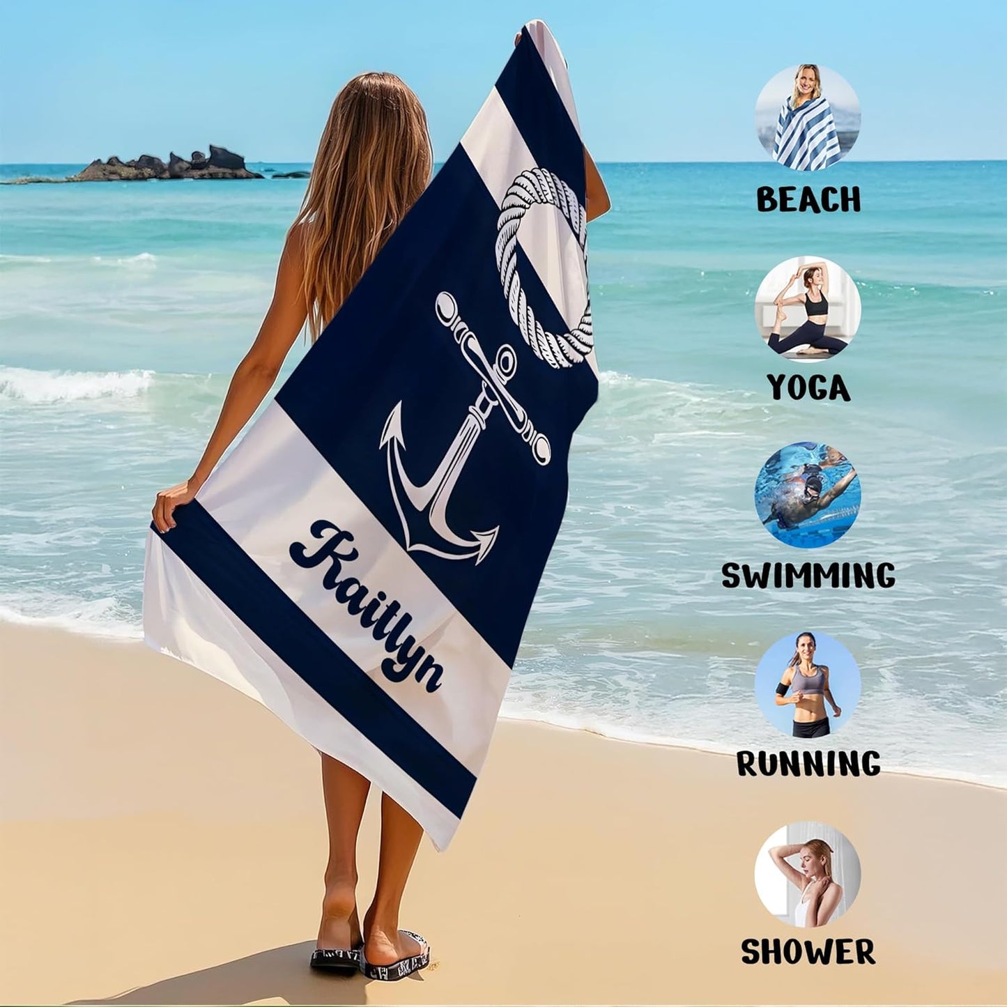 JML Personalized Beach Towel with Name, Custom Anchor Beach Towel, Customized Microfiber Pool Towel, Quick Dry & Absorbent Swim Towel for Adult,Mother's Day, Birthday, Summer Holiday,Vacation