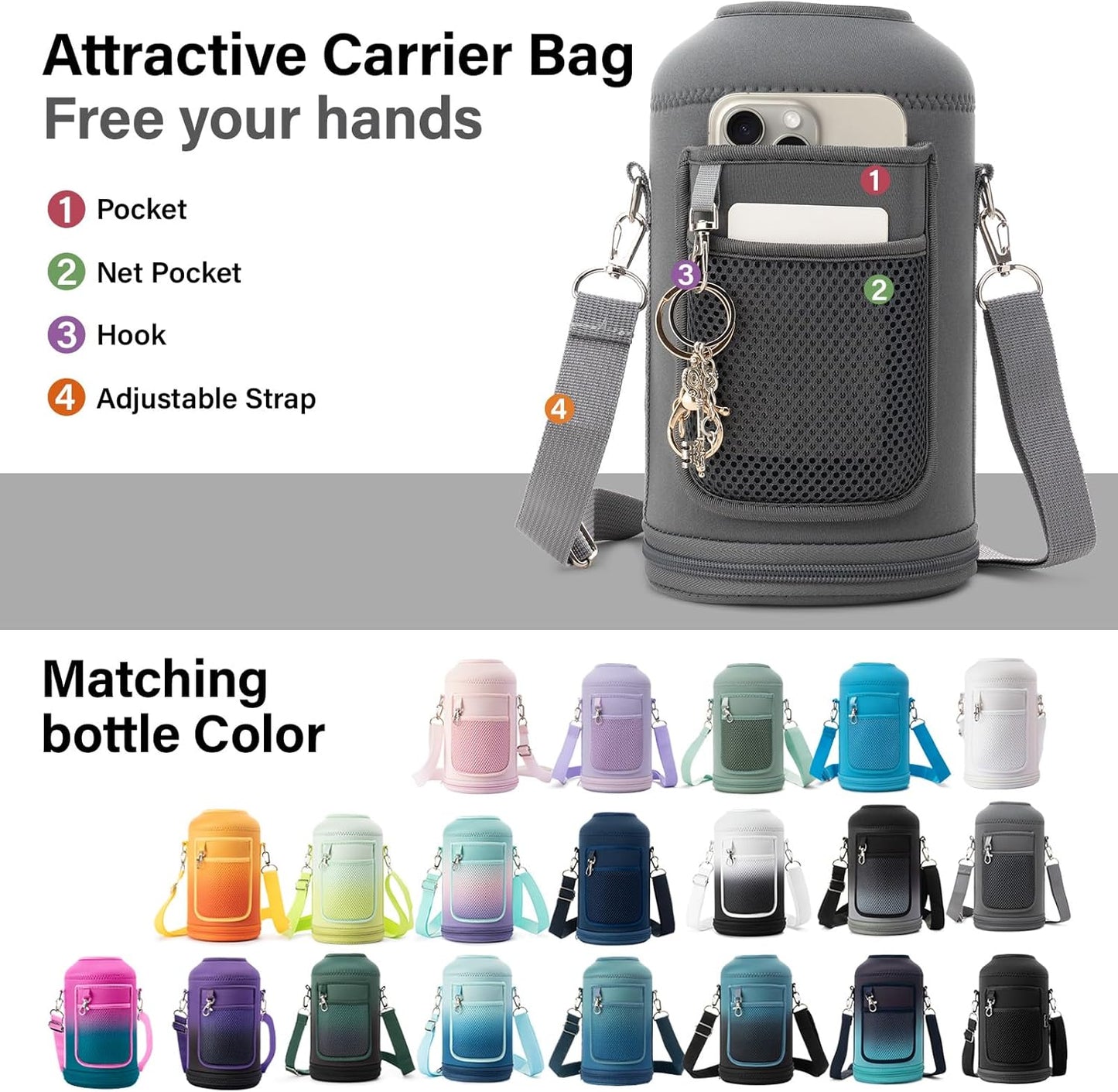 Insulated Water Bottle | Thickened Stainless Steel Vacuum Metal | Portable Sports Half Gallon Large Water Jug for Gym and Hiking with Straw, Carrier Bag, Handle Strap | BPA-Free 64 oz