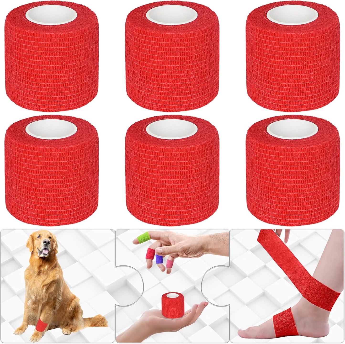 6 Pack 2 Inches Self Adhesive Bandage Wrap Breathable Cohesive Bandage Elastic Tape for Pets, Athletic, Sports, Wrist, Knee, Ankle(5 Yards Per Roll, Red)