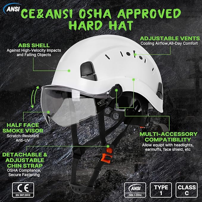 AOLAMEGS Construction Safety Hard Hat - ANSI Z89.1 Approved Safety Helmet with Visor & 50pcs Hard Hat Stickers Sliding Vented Hardhat for Men Women Adults Industrial Workwear Outdoor (Smoke Visor)