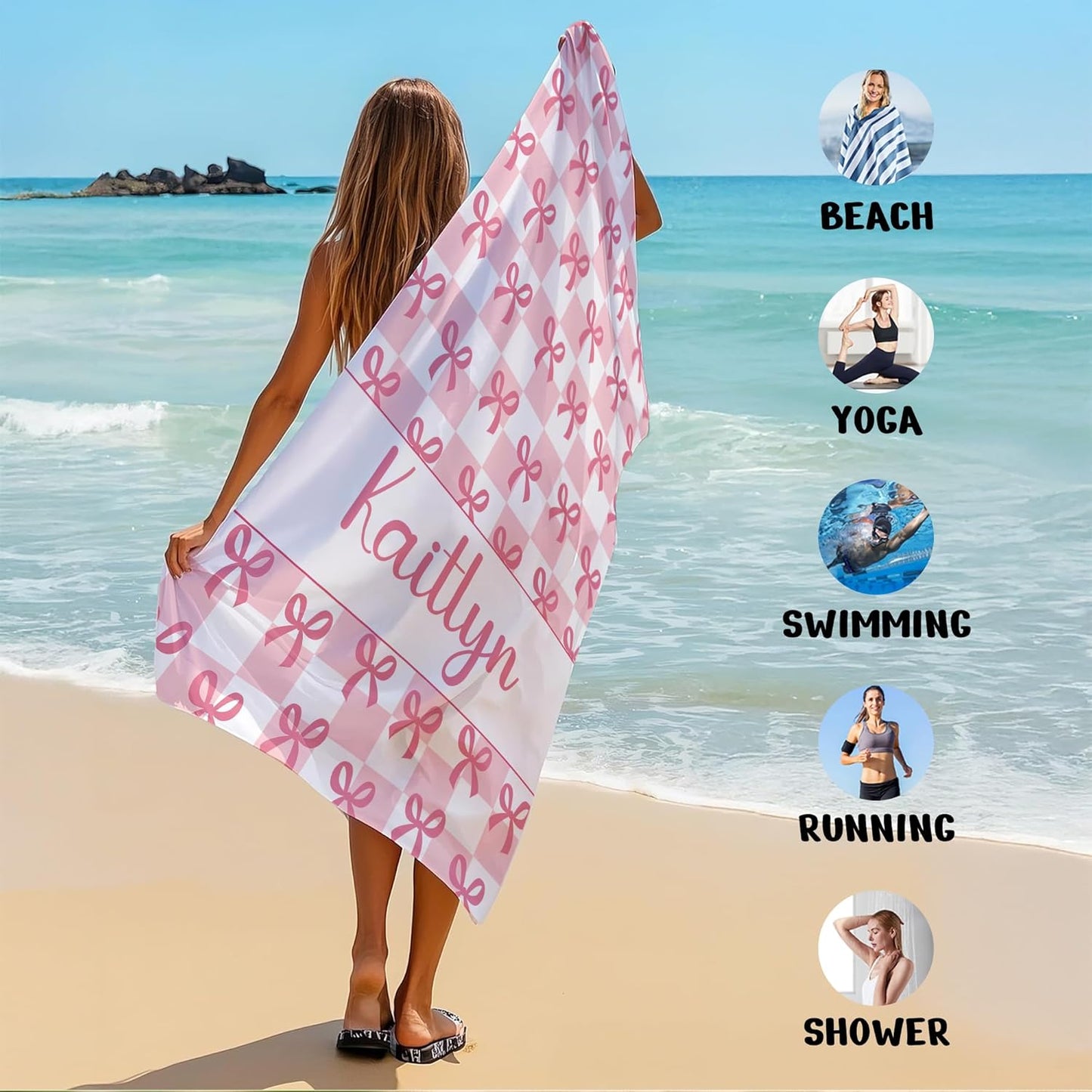 JML Personalized Beach Towel with Name, Custom Beach Towel with Text, Customized Bow Microfiber Pool Towel, Quick Dry & Absorbent Swim Towel for Adult,Anniversary, Birthday, Summer Holiday,Vacation