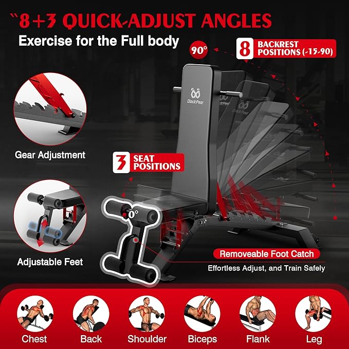 Adjustable Weight Bench - Foldable Workout Bench for Home Gym, PRO Heavy Duty 1300lb Capacity Full Body Strength Training with 8-Level Incline/Flat/Decline Positions & Space-Saving