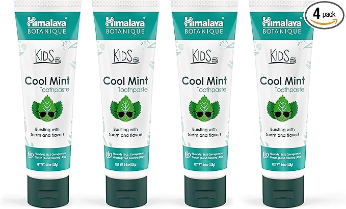 Himalaya Botanique Kids Toothpaste, Herbal, Cool Mint Flavor, Fights Plaque, Fluoride Free, Gentle, No Artificial Flavors or Colors, SLS Free, Gluten Free, Cruelty Free, Vegan, Foaming, 4 Oz, 4 Pack…
